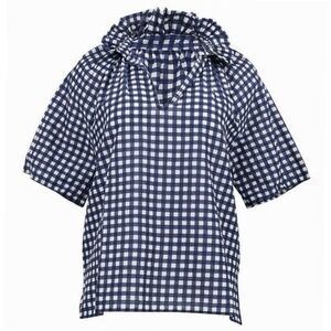 A Shirt Thing Margot Gingham‎ Blouse XS Blue White Check Ruffle Neck 100% Cotton